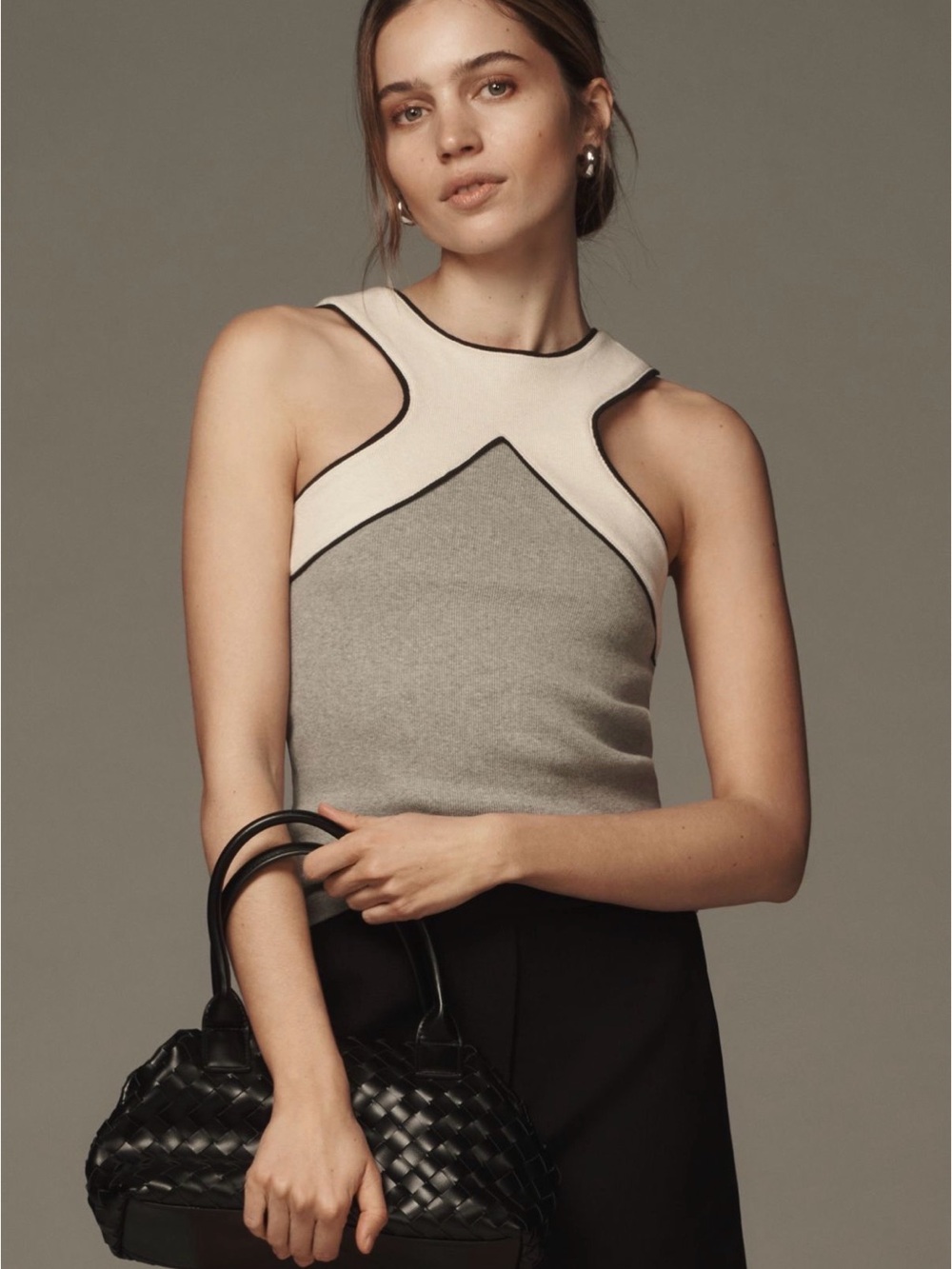 Maeve Two-Tone Knit Tank in Cream, Light Gray and Black Trim